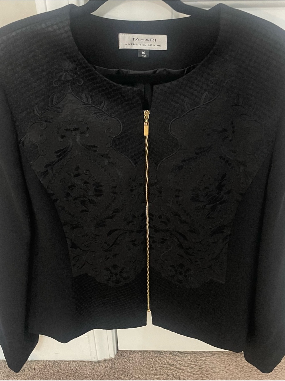 Tahari Embroidered Gold Zipper Jacket Black Zip-Front Blazer